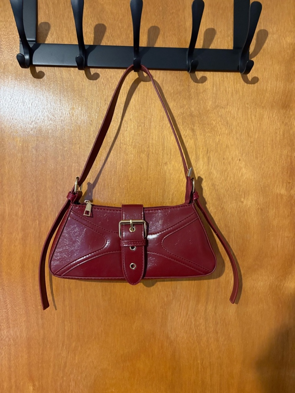 Shein Glossy Red Patent Leather Retro Motorcycle Style Buckle Shoulder Bag